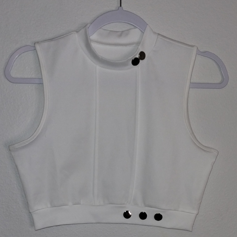 White Fitted Crop Tank Top with Mandarin Collar